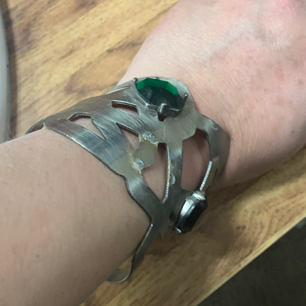 Dkny Silver-Tone Cuff Bracelet with Green Gem Accents